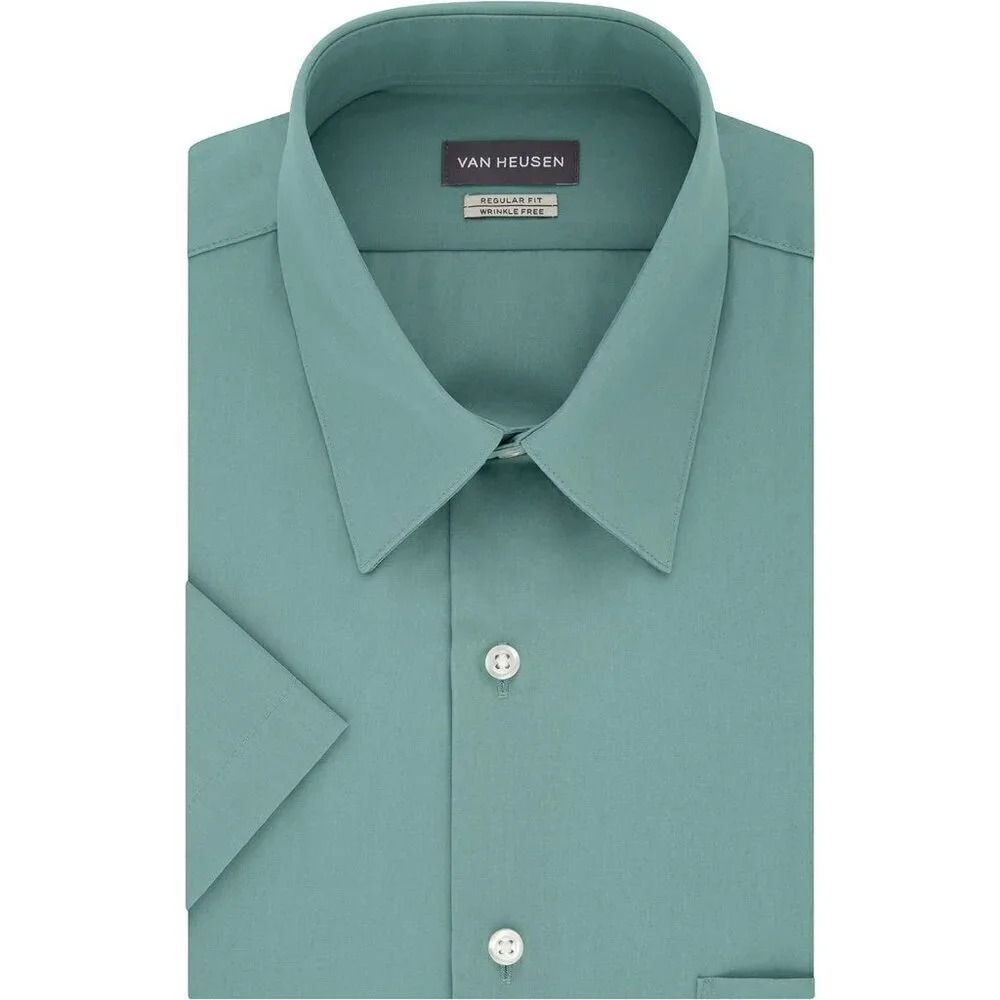 Men's Short Sleeve Poplin Solid Point Collar Dress Shirt